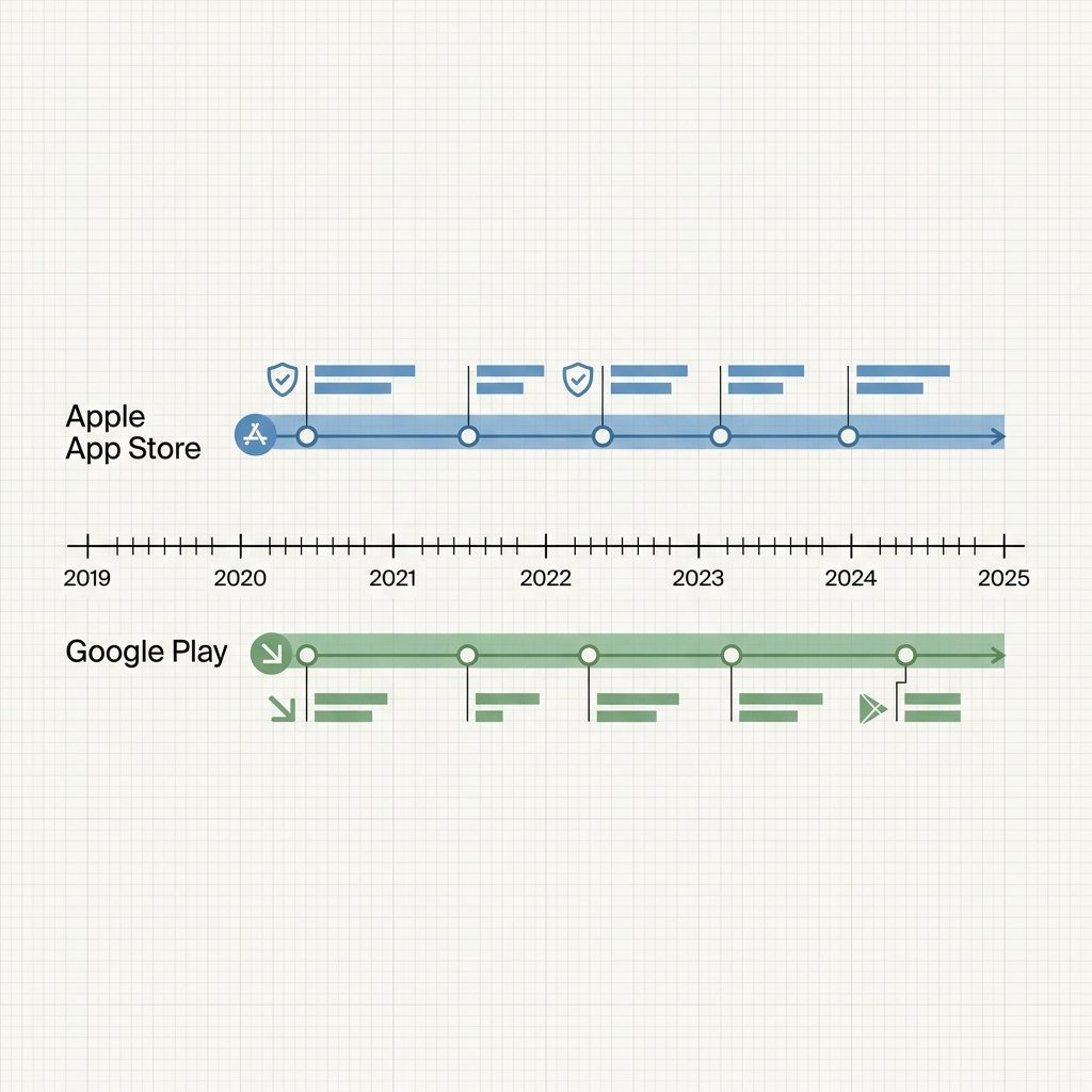 Timeline infographic showing major loan app policy and enforcement milestones from 2019 through 2026