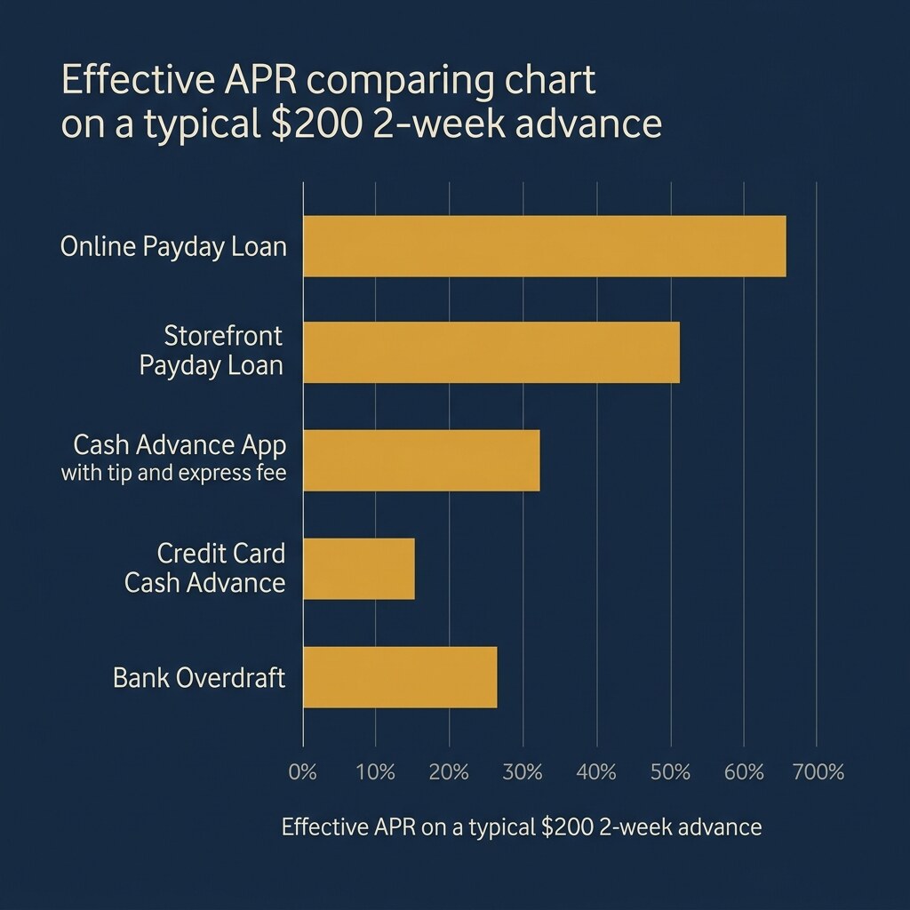 Bar chart comparing average effective APR across storefront payday loans, direct-to-consumer cash advance apps, employer-partnered earned wage access, and credit card cash advances