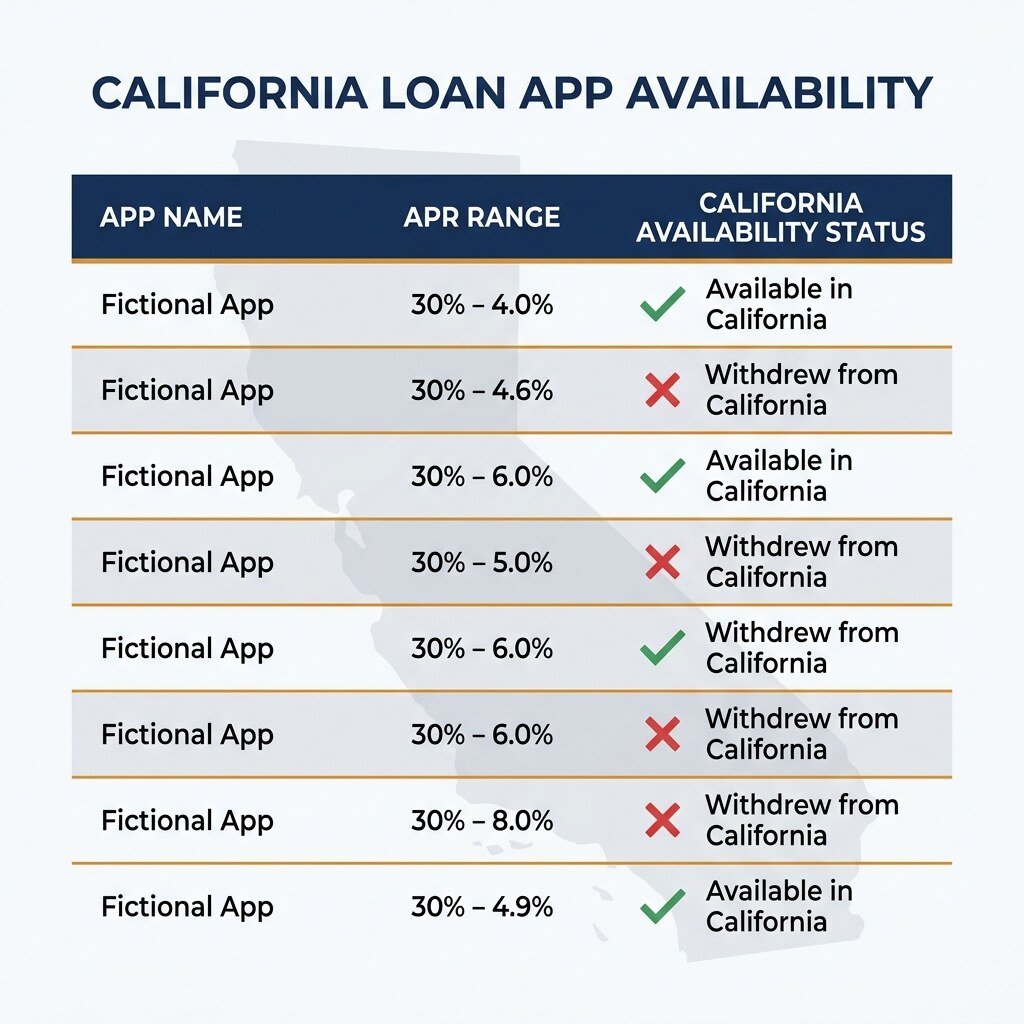 Comparison table of loan apps available in California with CFL license status, APR ceilings, and loan amount ranges