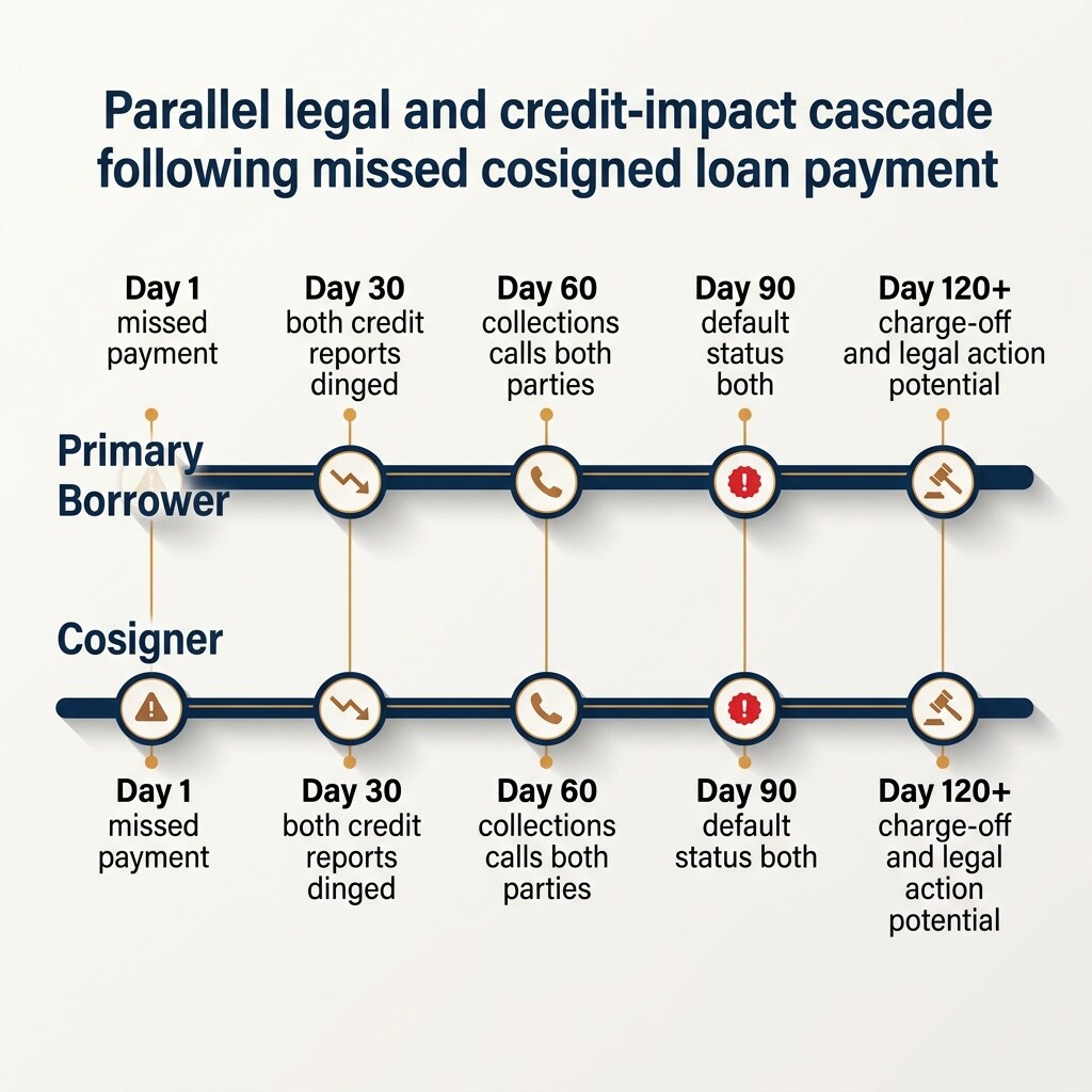 Dual-track infographic showing what happens to the primary borrower and the cosigner at 30, 60, 90, and 120 days past due on a cosigned loan