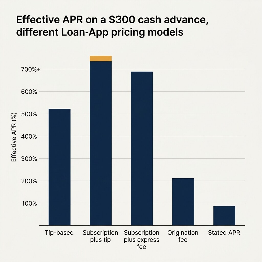 Bar chart comparing effective APR on a $300 14-day advance across Dave, EarnIn, Brigit, MoneyLion, and Possible Finance
