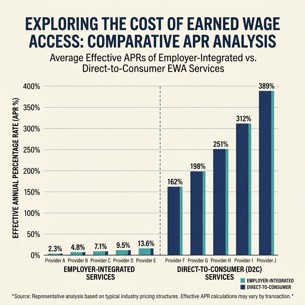 Bar chart comparing blended effective APR across employer-integrated EWA products and direct-to-consumer cash advance apps, with employer-integrated averaging near 110 percent and D2C products exceeding 400 percent in CFPB example calculations.