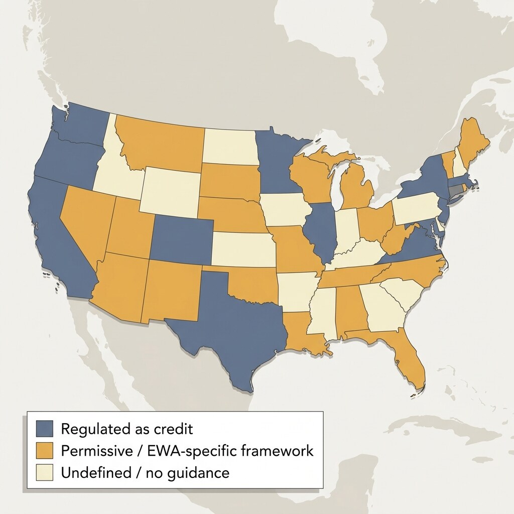 United States map shading states that classify earned wage access as a non-loan product, states with contested or active enforcement positions, and states that have not taken a formal position as of 2026.
