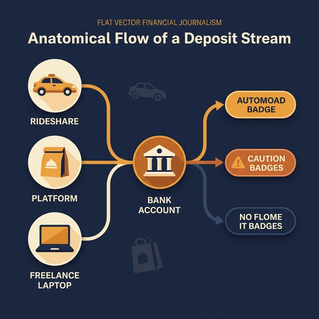 Infographic showing how Uber, DoorDash, Instacart, and Lyft deposits appear in a typical bank feed, with labeled examples of daily payouts, weekly sweeps, tip batches, and how lenders categorize each line.