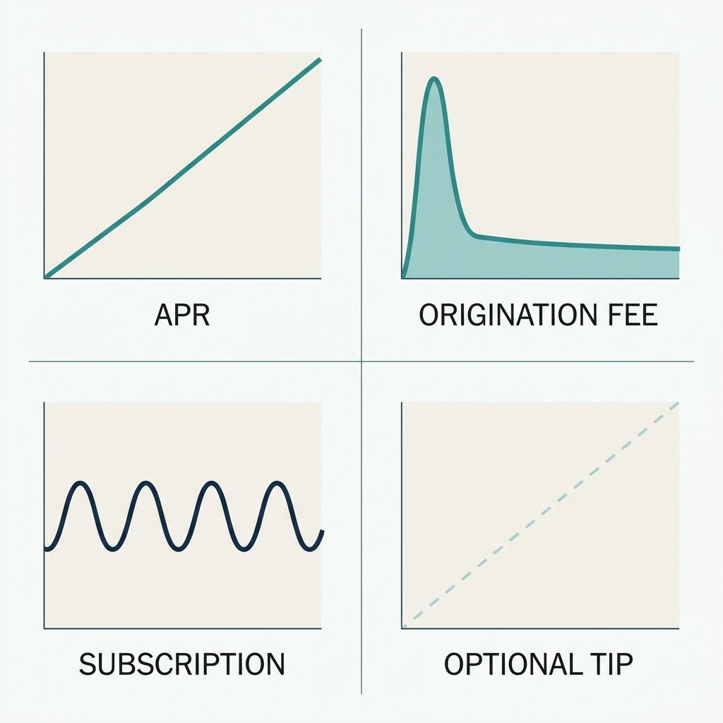 Infographic showing the four fee shapes used by loan apps: APR, origination fee, subscription fee, and tip or expedite fee, stacked as components of total borrowing cost