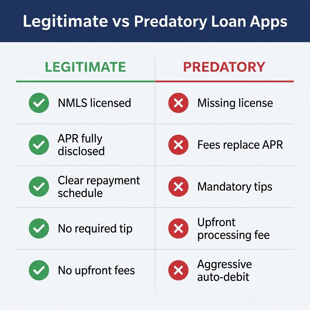Infographic with seven checklist items comparing legitimate subprime loan apps and predatory ones, with green checks and red X marks