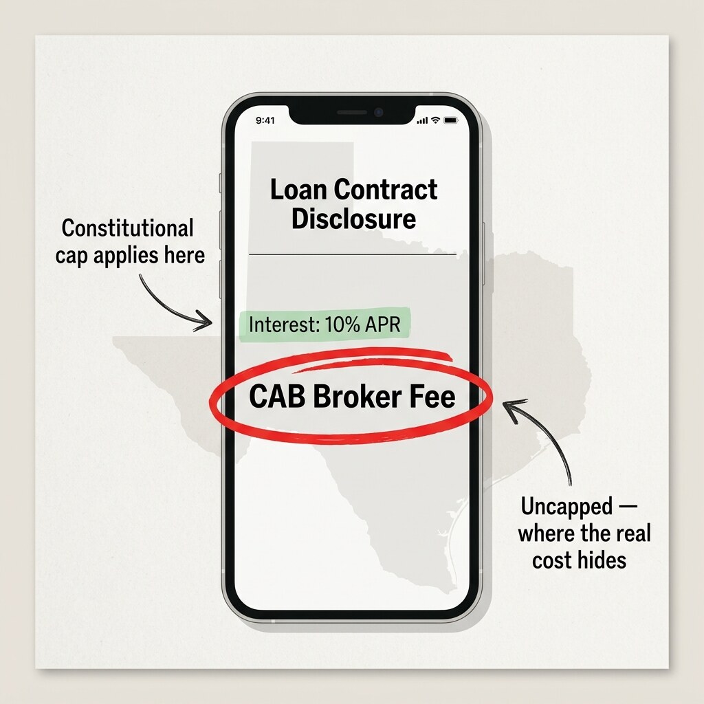 Annotated screenshot of a Texas CAB loan contract highlighting the 10 percent interest line and the CAB broker fee line