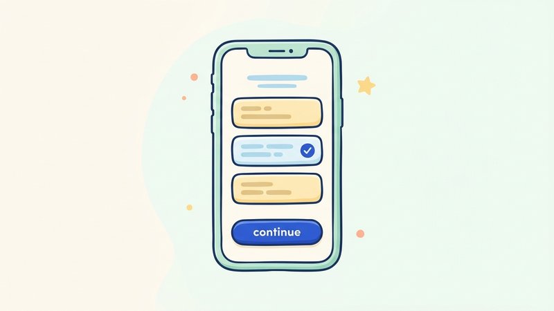 Illustration of a smartphone showing a simple onboarding form with a few input rows and a checkmark