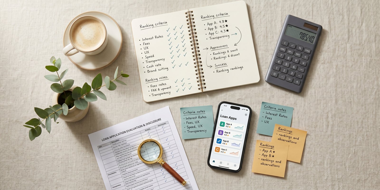 Editorial flat-lay of a ranking notebook, calculator, and a phone displaying a loan-app comparison list